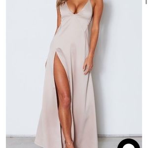 White fox boutique champagne maxi dress